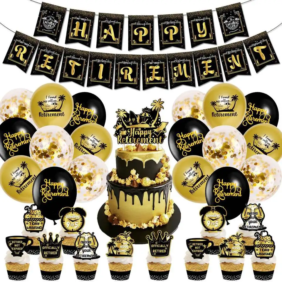 Nicro Paper Banner Bunting Confetti Balloons Foil Cake Topper For Retired Man Women Gold Black Happy Retirement Decoration Set