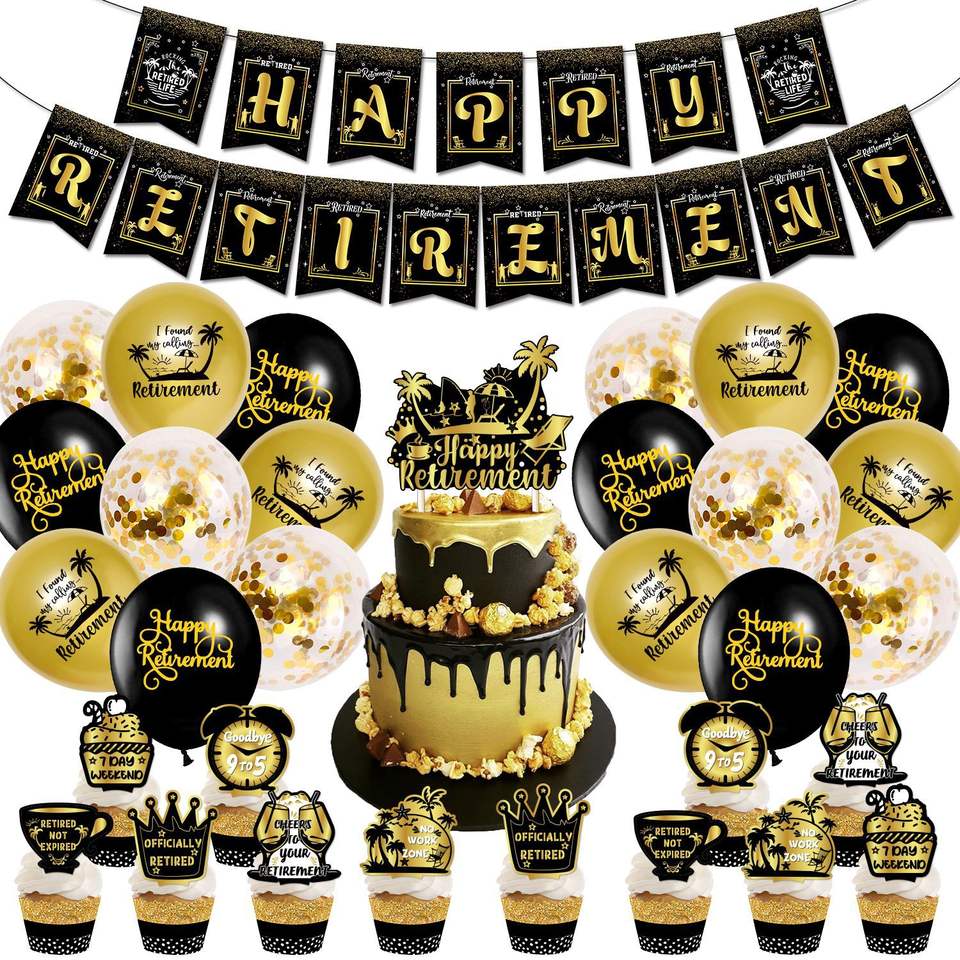 Dacitiery Kit di 21 decorazioni per feste di pensionamento, palloncini color oro rosa con scritta Happy Retirement, topper per torte, glitterati, palloncini con bandierine per donne, forniture per
