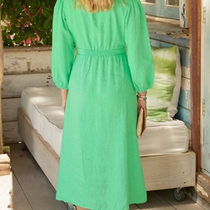 Vestido de Lino y Algodón Personalizable a la Moda, Cuello en V, Casual, Corte en A, Mangas Abullonadas, Midi, Vestido de Verano para Mujer - Product Image 5