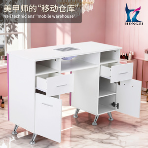 HONGZI Nail Salon <b>Table</b> With Built In Vacuum Soft Hand Support Double Layer Storage Manicure <b>Work</b> Station White Pink - Product Image 3