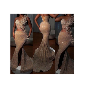 Elegante Vestido de Sirena con Cuello Alto, Lentejuelas, Malla Elástica, Largo hasta el Suelo, Manga Larga, Vestido Formal de Lujo con Cola y Sujetador Incorporado - Product Image 1