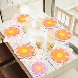 DAMAI - Juego de Vajilla para Fiestas de Cumpleaños de Niñas, Color Naranja, Rosa y Amarillo, Tema de Primavera y Verano, Platos y Vasos con Diseño de Margaritas - Product Image 1