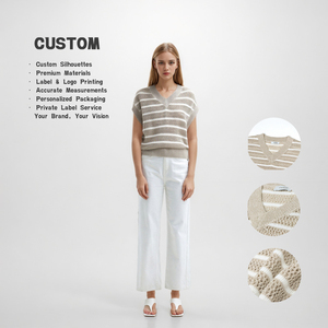 เสื้อสเวตเตอร์ถักคอวีแขนกุดสำหรับผู้หญิงแบบขายส่งสั่งทำได้, เสื้อกั๊กถักลายทางผ้าฝ้ายแบบโปร่งสำหรับสุภาพสตรี - Product Image 1