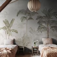 Papier peint gris imperméable sans couture, motifs de plantes tropicales pour la décoration murale du salon et de la chambre