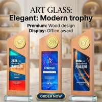Trophée personnalisé en bois massif et plaque en cristal, badge en métal, trophée créatif en bois et cristal pour anniversaire d'entreprise