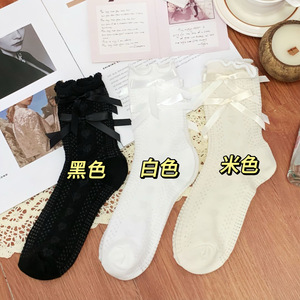 Lace <b>Socks</b> Women Mid Calf Transparent Bow Pattern Black White Beige Sweat Absorbing <b>Polyester</b> Fiber <b>Sock</b> Type For Youth 18 40 - Product Image 3