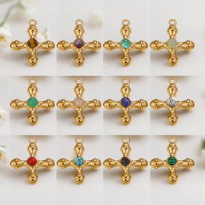 SP1004 - Suministros de Joyería Antideslustre, Chapado en Oro Vintage, Acero Inoxidable, Ojo de Tigre, Cuarzo Rosa, Colgantes con Cruz de Piedras Preciosas - Product Image 5