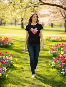 T-shirt da donna nera a maniche corte con scollo rotondo e design a cuore, top casual estivo in tessuto jersey 100% cotone, facile da lavare - Product Image 2