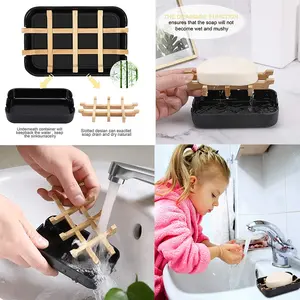 Wholesale Eco-friendly Bamboo Wood Square Oval Rectangle Bar Soap Dish Holder Case Boxes With Bathroom Drain Tray Lid For Travel