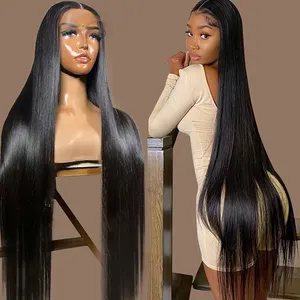 1B wig rambut manusia lurus halus dengan ketebalan 150% 180% warna hitam dengan 13x4 wig renda transparan depan untuk wanita rambut Peru