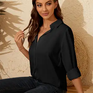 Free Sample OEM/ODM Customized Women's Button Down Shirt Casual Ladies Tops Turn Down Collar Long Sleeve Blouse Top For Women