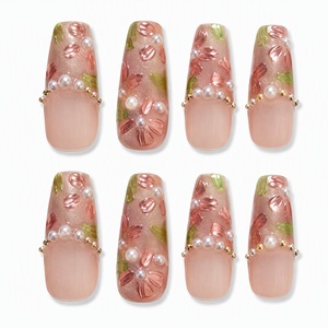 Uñas Postizas 3D con Diseño Floral Rosa y Perlas, Uñas Artificiales de Cobertura Completa, Pre-Diseñadas, Removibles, Extensiones de Uñas de Plástico para Dedos - Product Image 2