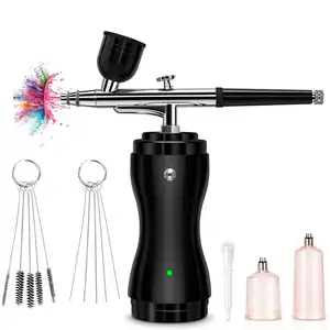 Kit Airbrush dengan kompresor, Set pistol Air Brush tanpa kabel portabel untuk melukis gravitasi 30PSI umpan aksi ganda genggam