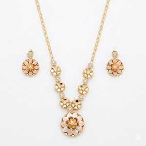 925 Silver Italian Gold Floral Necklace Set with Matching Earrings Crystal Round Brilliant <b>Cut</b> <b>Stones</b> Designer Jewelry - Product Image 1