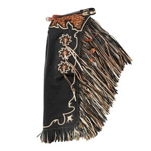 Men's Western Leather Rodeo <b>Chaps</b> with Long Fringe, Floral Embroidery & Decorative Tooling Cowboy <b>Riding</b> <b>Chaps</b> for Horseback - Product Image 1