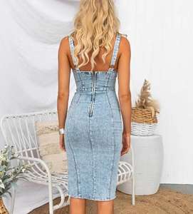 夏季休闲风格牛仔连衣裙无袖紧身性感方领弹力牛仔紧身无背开缝女装 - Product Image 5