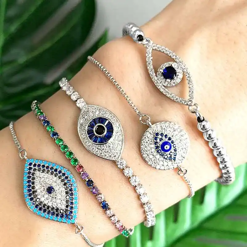 High Quality Silver Diamond Drawstring Blue Evil Eyes Adjustable Lucky Amulet Bracelet