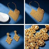 Set Kalung dan Anting Rumbai Bunga Besi Berlapis Emas Gaya Timur Tengah, Hiperbola Retro, Aksesoris Pesta Pernikahan yang Mewah