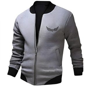 Men's Gray <b>Jacket</b> <b>With</b> Black Trim Embroidered Wings Logo Zipper Front Casual Fleece Outerwear Autumn Wear - Product Image 1