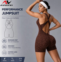 Combinaison de yoga sans couture motif léopard pour femme, grise, une pièce, tenue d'entraînement, short cycliste froncé aux fesses, combinaison de sport, tenue de fitness