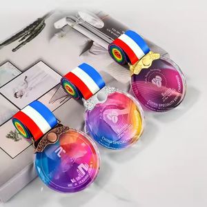 Troféu De Cristal Personalizado Gravação A Laser Medalha De Esportes Prêmio De Vidro Com Fita Medalha De Bronze De Prata De Ouro Para Eventos Esportivos - Product Image 1