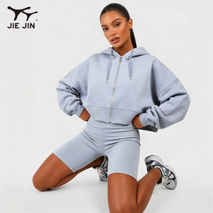 JIEJIN Set Sportivo Personalizzato 2 Pezzi: Felpa Crop Top con Cappuccio e Pantaloncini in 100% Cotone per Attività all'Aperto - Product Image 1