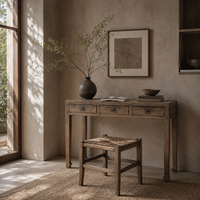 Console vintage en bois massif vieilli à trois tiroirs, design de cadre traditionnel, bureau de rangement polyvalent pour entrée