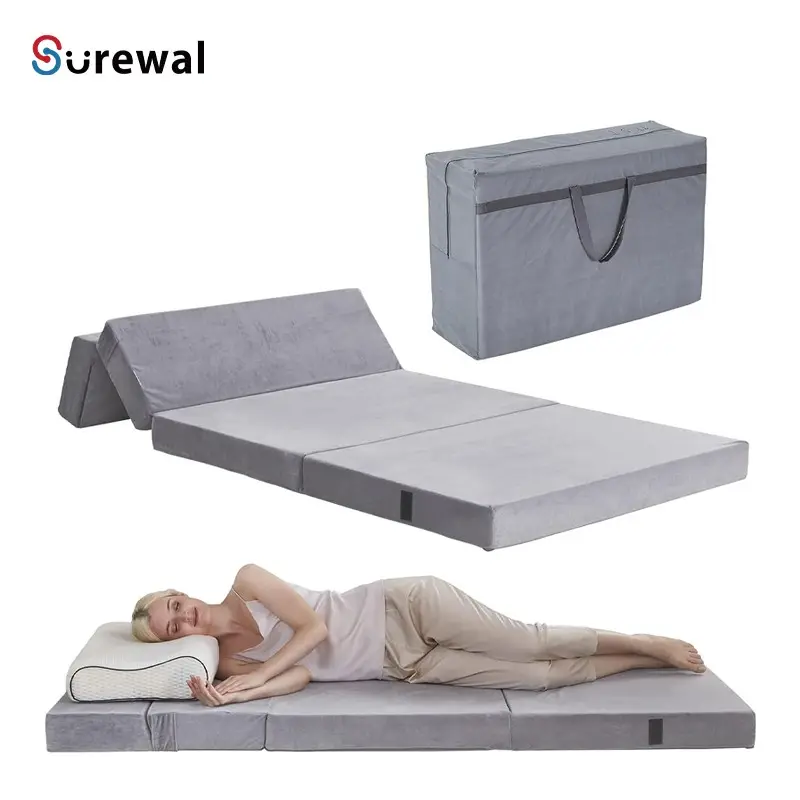 SUREWALHOME Canapé-lit pliant avec sac de rangement Matelas en velours mousse haute densité Matelas de lit portable Matelas pliant amovible