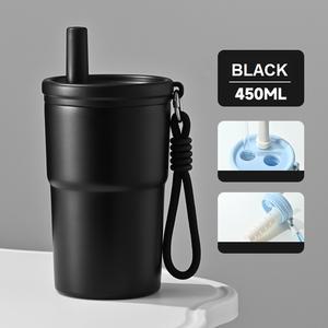 Gobelet à café d'extérieur à sangle, grande capacité, double paroi, isolé sous vide, portable pour voiture avec paille - Product Image 5