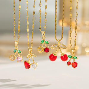 Collier pendentif cerise en zircon plaqué or 18 carats en acier inoxydable hypoallergénique pour femme, collier cerise <span class=keywords><strong>rouge</strong></span> doux pour femme - Product Image 1