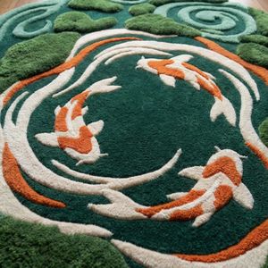 Moss Green Koi Pond Wool <b>Rug</b> Featuring Organic Irregular Edges and Hand Tufted Fish Design for Bedroom <b>Nursery</b> Kids Room Bulk - Product Image 2
