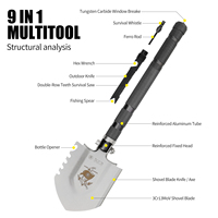Xhandle MT-23 Outil multifonction 9-en-1 DIY, pelle pliable avec manche en alliage d'aluminium, acier 3Cr13MoV, houe, hache, scie, allume-feu, sifflet, brise-vitre