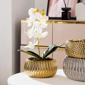 Maceta de orquídeas con puntos ondulados, creativa y moderna, semiredonda, dorada, con flores de orquídeas