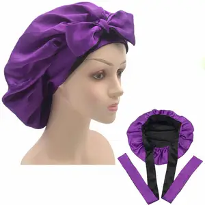 Gorro de cabelo de seda com gravata longa, chapéu de cetim reversível de dupla camada, moda feminina por atacado