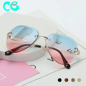 무테 선글라스 여성 브랜드 디자이너 태양 안경 그라데이션 음영 절단 렌즈 숙녀 Frameless 금속 안경 UV400