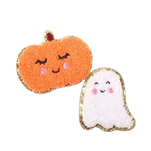 Patches de abóbora bordados de chenille para Halloween, adesivos de ferro em ouro com glitter fantasma, para bolsas de roupas, atacado