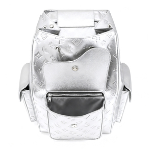 Custom Logo Metallic Silver Embossed High Quality PU Leather <b>Backpack</b> Large Capacity Laptop Travel <b>Backpack</b> - Product Image 4
