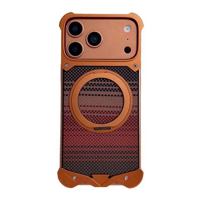 Custom Carbon Fiber Texture Aluminum Metal Phone Case for iPhone 17 15 16 Pro Max With 360° Magnetic Ring Stand Frameless Cover