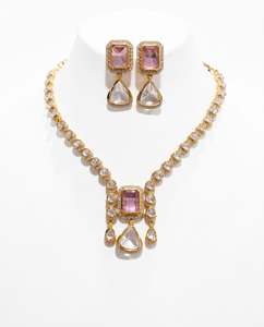 Ensemble collier et boucles d'oreilles longues en laiton |   Ensemble de colliers classiques avec placage en rhodium/platine |   Bijoux Cadeaux pour Femmes - Product Image 1