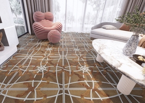 Suelo de ingeniería de teca elegante <span class=keywords><strong>industrial</strong></span> <span class=keywords><strong>Parquet</strong></span> de madera y metal inoxidable o latón con incrustaciones personalizadas para villas de lujo - Product Image 5