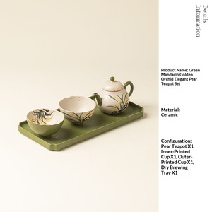 Service à thé Kung Fu en céramique, peint à la main sous glaçure, style rétro, théière en forme de poire et tasses, un pot et deux tasses - Product Image 6