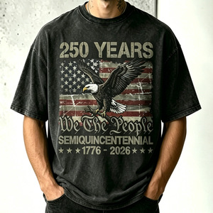 T-shirt vintage délavé pour hommes, avec motif drapeau d'aigle, manches courtes, col rond - Product Image 4