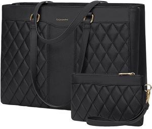 Bolso de Mano para Computadora, Maletín para Mujer con Cierre de Cremallera, Color Sólido, de PU, para Maestras, Oficina, Viajes, Negro - Product Image 1