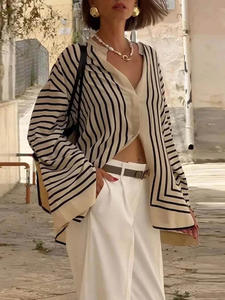 Camisa Cárdigan Holgada a Rayas de Manga Larga, Estilo Europeo Americano, 100% Poliéster, para Mujer, Primavera 2025, Comercio Exterior Transfronterizo - Product Image 2