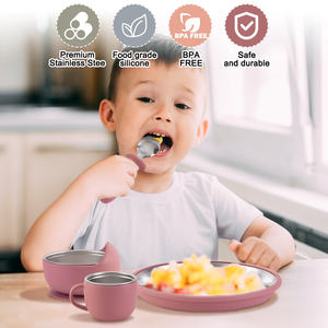 Baby Food Grade Silicone Stainless Feeding Set with Divided Suction Plate <b>Cutlery</b> Mug Toddler Food Container <b>Kids</b> Dining - Product Image 6