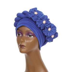 Q30687 fausse perle et nœud décor tête enveloppement musulman espace couche chapeau africain nigérian Turban Gele <span class=keywords><strong>tresse</strong></span> Turbans casquettes - Product Image 2