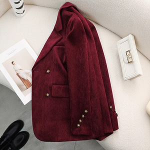 Coffee Colored Women's Corduroy Blazer Solid Color Double Button Loose Fit Casual Korean Style Autumn 2024 - Product Image 2