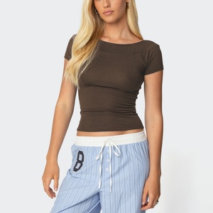 T-shirt basique personnalisé à coupe ajustée, col rond, été, élastique, moulant, uni, sexy, pour femme, crop top - Product Image 6