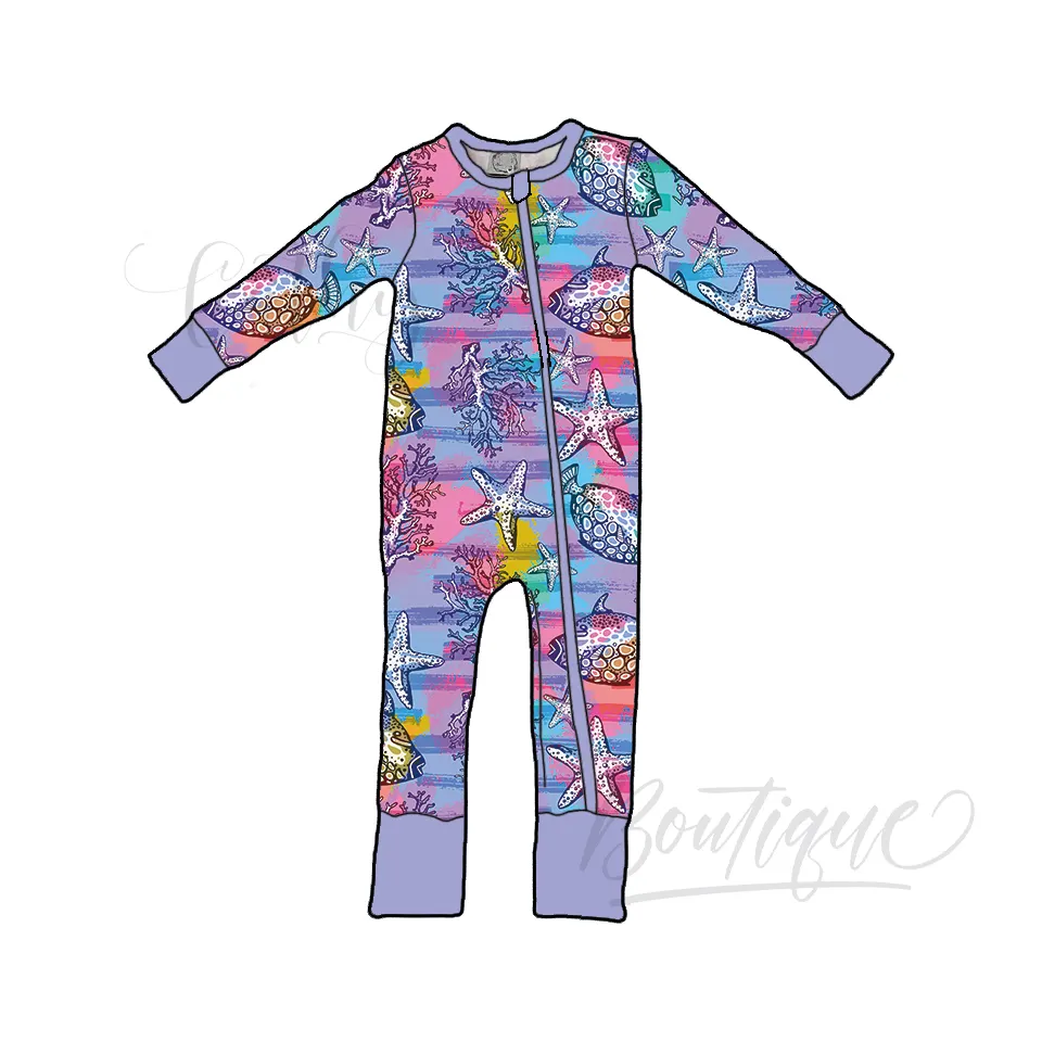 Meeres schildkröte Seestern Print Kleinkind Pyjamas Reiß verschluss Schläfer mit Fuß benutzer definierte Muster Baby kleidung Bambus Unisex Bodysuit