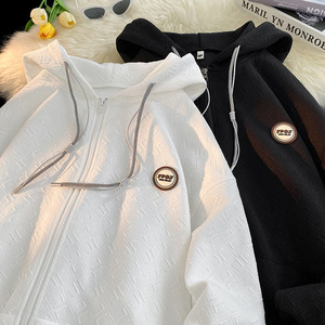 เสื้อสเวตเชิ้ตแบบมีฮู้ด ซิปหน้า ผ้าลูกปัดปักลาย ล้างแล้ว ไม่เป็นขุย ระบายอากาศได้ดี สีพื้น สำหรับทุกเพศ พิมพ์ลายนูน - Product Image 4